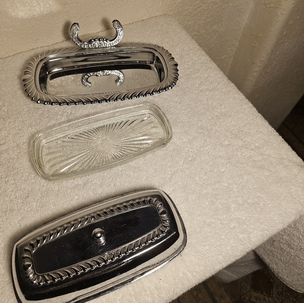 Vintage 70s Irvinware Silver Butter Server Dish With Glass Insert